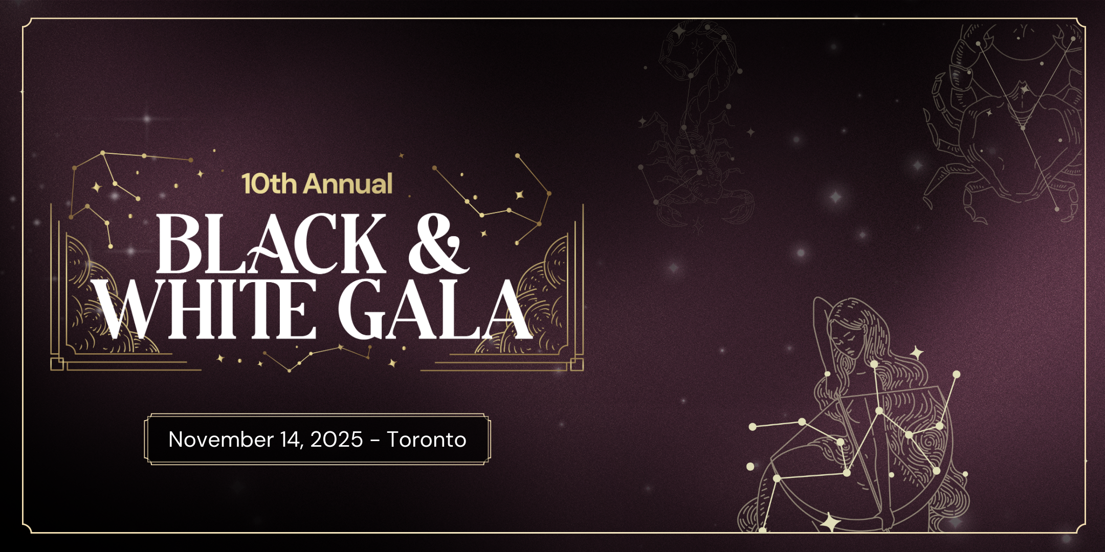 2025 Gala Banner (2160 x 1080 px) CGLCC 10th Annual Black & White Gala. Celestial theme.