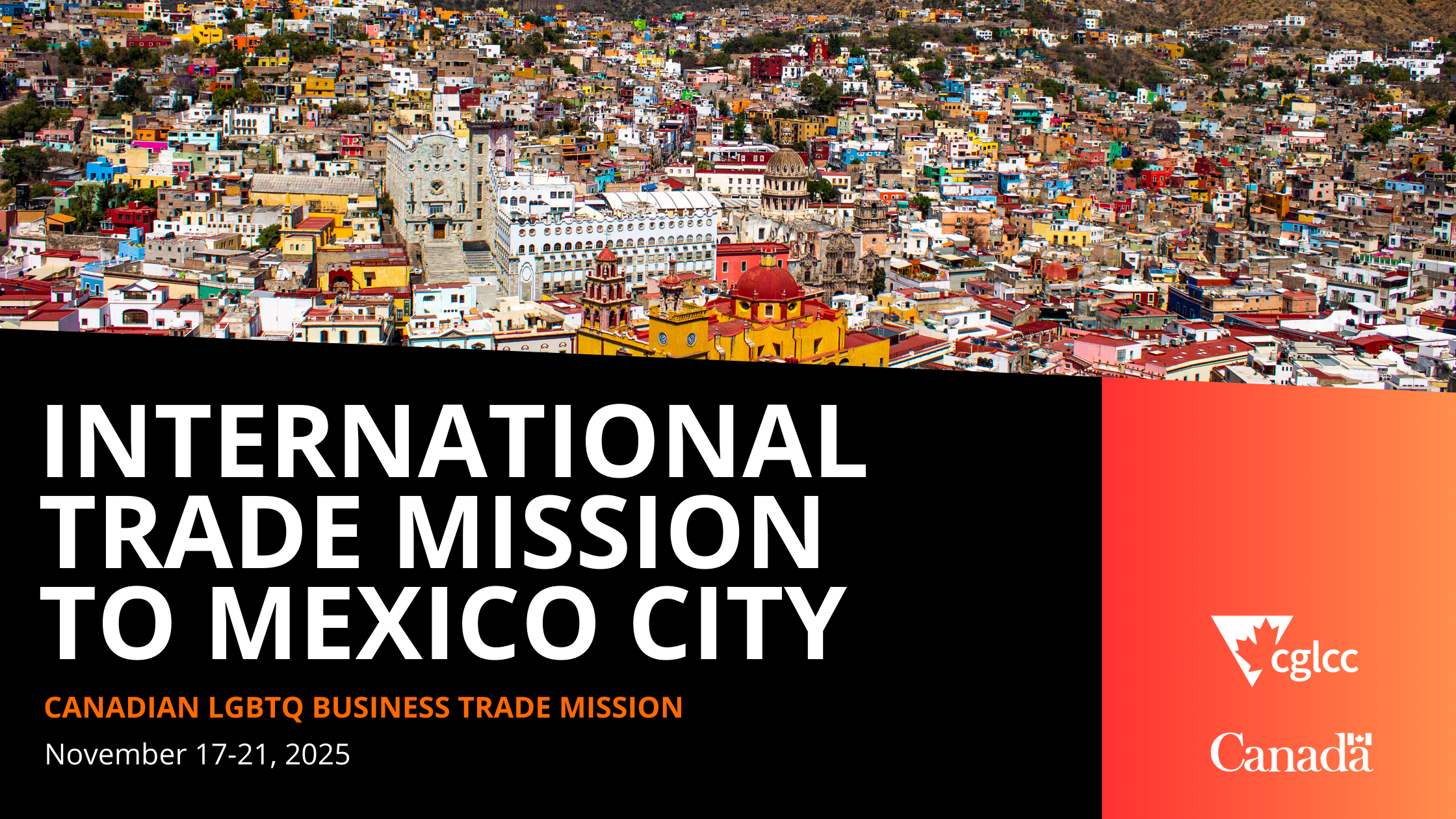 Banner advertising CGLCC led Trade Mission to Mexico in November 2025. Landscape photo of a city in the background.